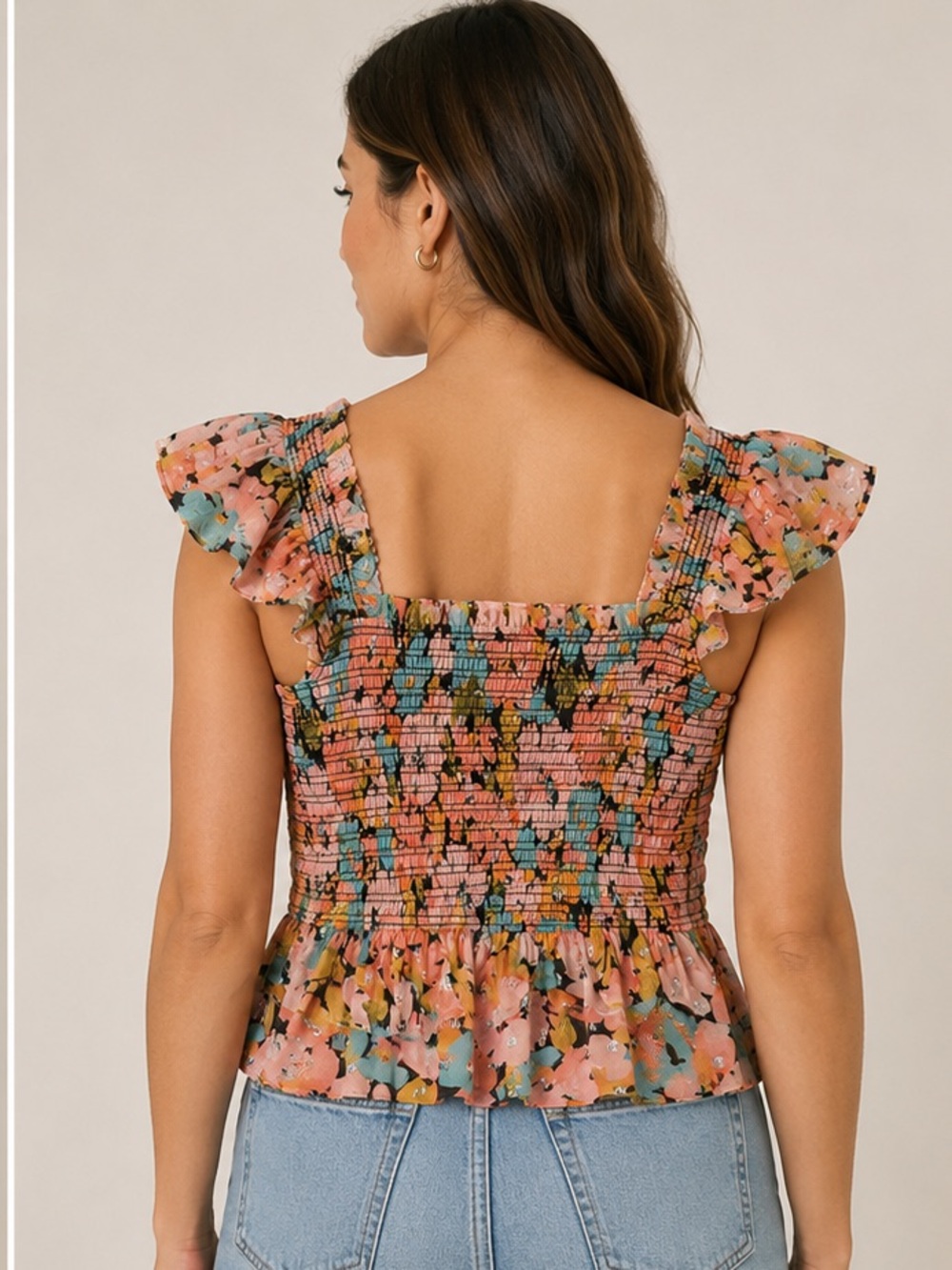 Saylor Floral Smocked Ruffle Sleeve Blouse Small EUC - Picture 2 of 9